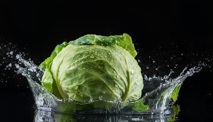 Fresh green cabbage and water splash against black background. Natural vegetable. Tasty farm food