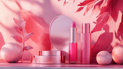 Glamorous, beauty-centric scene with popular skincare and makeup products in pink colors. Cream, lotion, serum, lipstick, parfume bottle with trendy background. Wallpaper, banner, poster, sales coupon