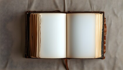 Minimalist perspective of an open book with a blank page on a flat background