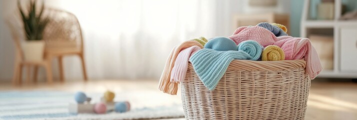 Aufkleber - Colorful children's clothing and soft toys fill a laundry basket, brightening the light-filled room with playful joy. Generative AI