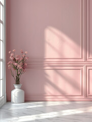 Wall Mural - A vase with pink flowers sits in the corner of a room with soft pink walls and a white marble floor.  The light from the window creates a warm and inviting atmosphere.