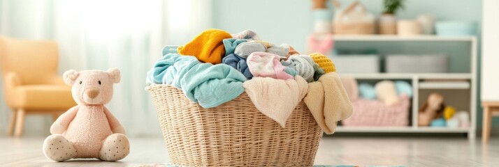Aufkleber - A laundry basket overflowing with vibrant children's clothes and cuddly toys sits in a sunlit room, creating a cheerful atmosphere. Generative AI
