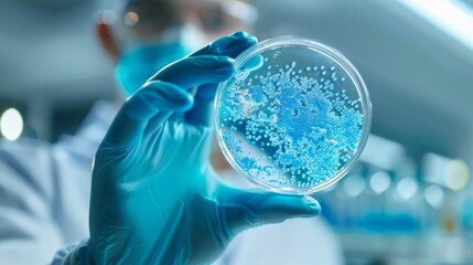 Poster - A scientist holds a petri dish with blue bacteria in it