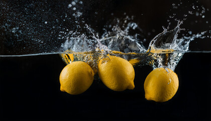 Fresh lemon and water splash against black background. Tasty sweet food. Natural fruit.