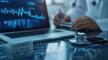 Close-up of a stethoscope on a laptop screen showing medical data, a doctor working on a laptop with medical charts, a concept of healthcare technology and analytics.