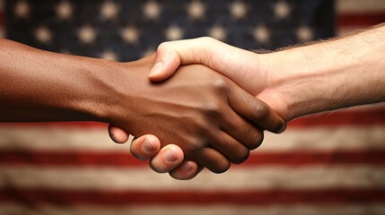 Poster - A handshake between two political leaders in a formal setting symbolizing cooperation and bipartisan efforts for the betterment of the country Large space for text in center Stock Photo with copy