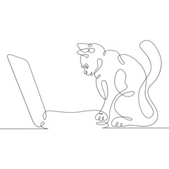 Wall Mural - Cat with a desktop computer, a laptop with a pet.One continuous line.Cat logo.One continuous drawing line logo isolated minimal illustration.