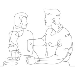 Wall Mural - Young loving couple in a cafe. A woman and a man sit for coffee and food. One continuous line .One continuous drawing line logo isolated minimal illustration.