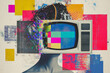 © sergign - An artistic blend showing a person with a television for a head amidst a colorful abstract background, symbolizing media and identity fusion.
