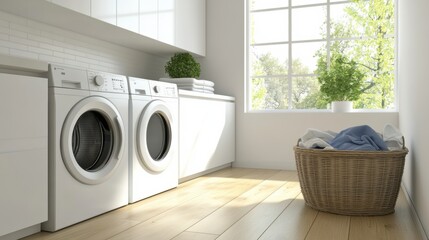 Poster - This laundry room showcases built-in machines, sleek cabinets, and a laundry basket with clothes, illuminated by natural light. Generative AI
