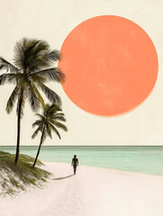 Silhouette of a person walking along a tropical beach with palm trees, heading towards a large orange sun, serene and tranquil vibe.