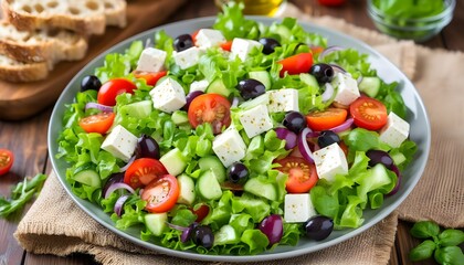 Wall Mural - Fresh house salad topped with creamy feta cheese and vibrant vegetables