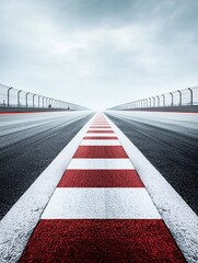 Poster - the finish line of a racetrack with no cars in sight, signifying the end of formula 1 racing, with o