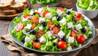 Wall Mural - Fresh house salad topped with creamy feta cheese and vibrant vegetables