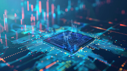 Fototapete - AI Artificial Intelligence Digital futuristic chip data concept. Neon glowing blue technology electronic concept. Chipset AI computer presentation background