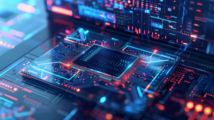 Fototapete - AI Artificial Intelligence Digital futuristic chip data concept. Neon glowing blue technology electronic concept. Circuit board chipset. Innovation futuristic computer. Presentation background