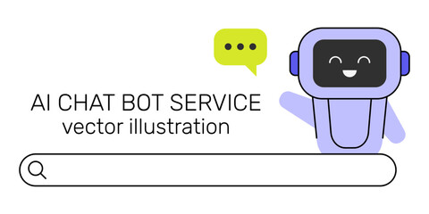 AI chatbot service banner. Cute virtual assistant AI robot character with search bar flat vector illustration. Artificial intelligence avatar digital support