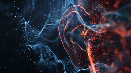 Fototapete - ai artificial digital futuristic technology neon wireframe grid human ear on dark black presentation