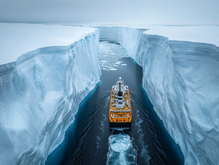 a large icebreaker ship is sailing on blue sea, passing in front of a majestic iceberg.