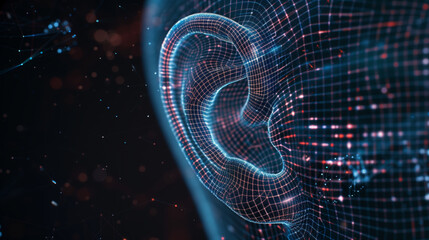 Fototapete - ai artificial digital futuristic technology neon wireframe grid human ear on dark black presentation