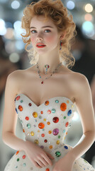 A woman wearing a colorful dress with many jewels and a necklace. She is smiling and looking at the camera