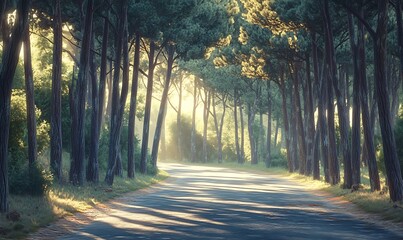 Poster - Peaceful Forest Road with Towering Pine Trees and Sunlight Filtering Through Leaves