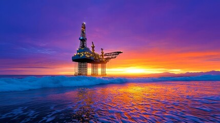 Oil rig at sunset, ocean waves, vibrant sky colors, industry and nature contrast.