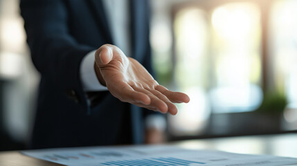 A close-up of a businessmans hand outstretched, with a focused expression, emphasizing the concept of seeking a financial loan for business growth, against a backdrop of financial