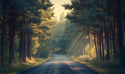 Poster - Peaceful Forest Road with Towering Pine Trees and Sunlight Filtering Through Leaves