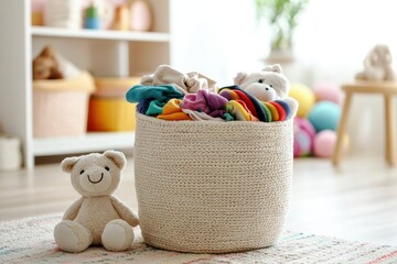 Aufkleber - Bright and cheerful laundry basket overflowing with vibrant children's clothing and plush toys in a sunlit room creates a playful atmosphere. Generative AI