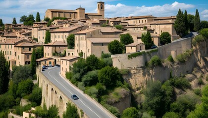 Wall Mural - charming street in the Tuscan countryside surrounded by rolling hills and rustic architecture