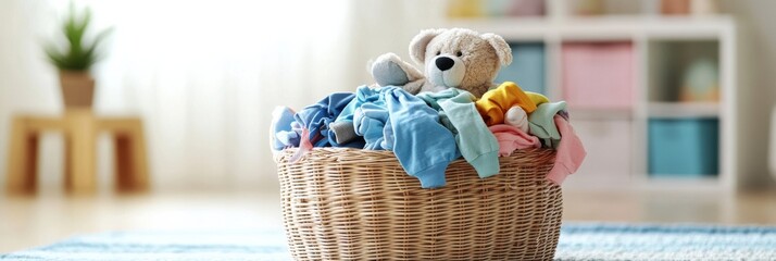 Aufkleber - A laundry basket overflows with vibrant children's clothing and a soft toy, brightening the sunlit room with cheerful colors. Generative AI