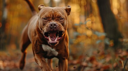 Wall Mural - A brown pitbull dog is running through the woods with its mouth open