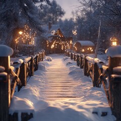 Poster - A snowy wooden bridge leads to a cozy cabin lit with festive lights in a winter wonderland.