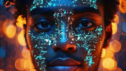 Poster - A youthful person showcases an exciting, glowing design on their face, with warm lights swirling in the background, embodying creativity during an artistic showcase.