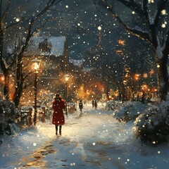 Sticker - A solitary woman walks down a snowy street lined with lampposts and buildings, illuminated by warm light.