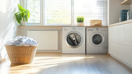 Poster - This laundry room showcases built-in washing and drying machines with sleek cabinets, complemented by a laundry basket and sunlight. Generative AI