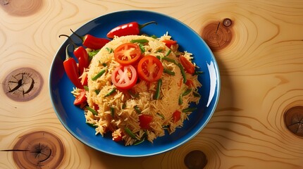 Jollof rice with tomatoes and hot peppers served on a blue plate against a wooden background.
