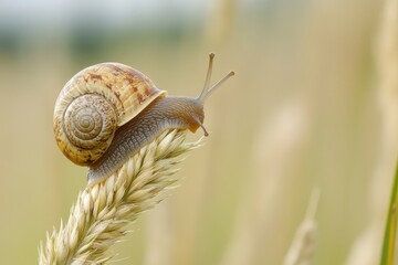 A close up view of a snail climbing on a blade of grass during a sunny day in a lush field