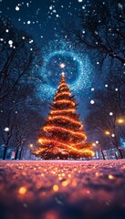 Poster - A tall, illuminated Christmas tree stands tall in a snowy park under a starry night sky.