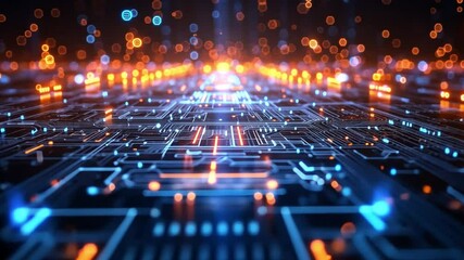 Leinwandbilder - Bright blue and orange lights illuminate a detailed circuit board, emphasizing an intricate network of connections representative of advanced technology.