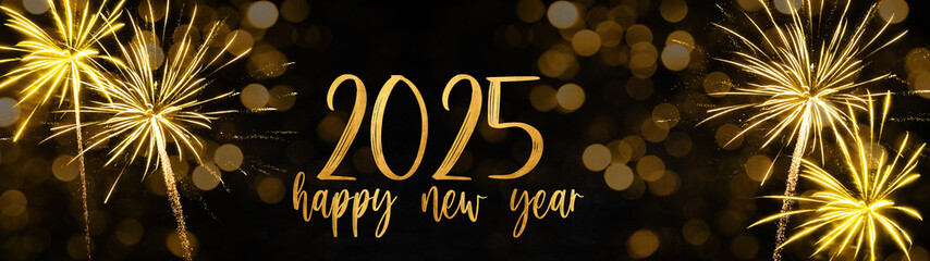 happy new year 2025, Fireworks pyrotechnics celebration party event festival holiday or New Year backgrounds panorama - Golden firework on dark night sky
