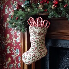 Poster - A traditional Christmas stocking filled with candy canes hangs on a mantelpiece.