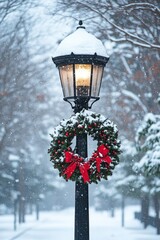 Poster - A traditional Christmas wreath hangs on a lamppost in a snowy setting.