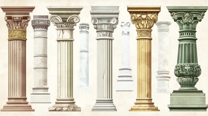 Wall Mural - cartoonish pillars and antique architecture columns reminiscent of ancient roman temples. a collecti