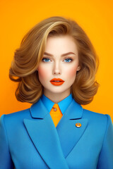 Wall Mural - A woman with long brown hair and a blue jacket and orange tie. She is wearing a bright orange lipstick