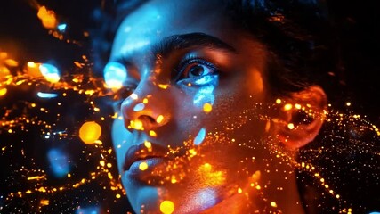 Aufkleber - A portrait showcases a person's face illuminated by dynamic patterns of colorful paint, creating an ethereal atmosphere in a dark setting.
