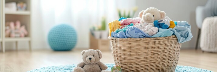 Aufkleber - A cozy room features a laundry basket brimming with vibrant children's clothes and plush toys, illuminated by warm sunlight. Generative AI