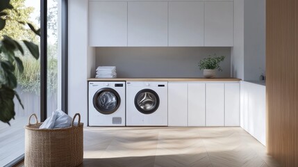 Poster - A contemporary laundry room features built-in washing and drying machines alongside sleek cabinets and a basket filled with laundry. Generative AI
