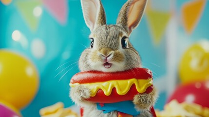 cute rabbit with donut on colorful background. easter holiday concept